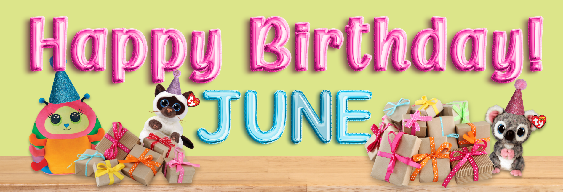 Beanies with gifts with the words Happy Birthday June in the background